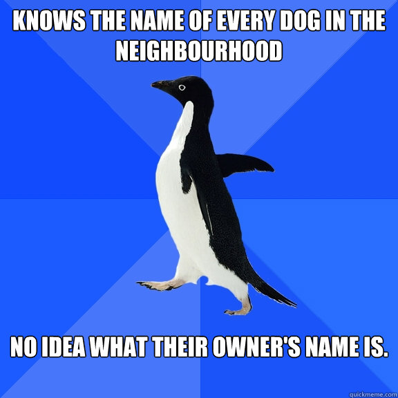 Knows the name of every dog in the neighbourhood No idea what their owner's name is.  Socially Awkward Penguin