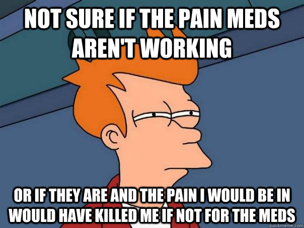 not sure if the pain meds aren't working or if they are and the pain i would be in would have killed me if not for the meds - not sure if the pain meds aren't working or if they are and the pain i would be in would have killed me if not for the meds  Futurama Fry