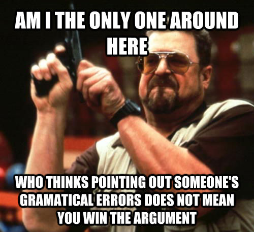 AM I THE ONLY ONE AROUND HERE WHO THINKS POINTING OUT SOMEONE'S GRAMATICAL ERRORS DOES NOT MEAN YOU WIN THE ARGUMENT  Am I The Only One Around Here