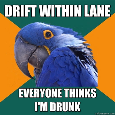 Drift within lane everyone thinks 
i'm drunk  Paranoid Parrot