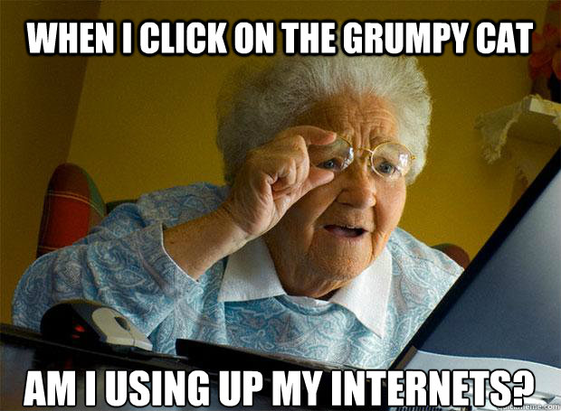 WHEN I CLICK ON THE GRUMPY CAT AM I USING UP MY INTERNETS?    Grandma finds the Internet