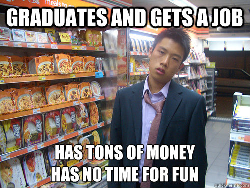 Graduates and gets a job Has tons of money
has no time for fun  Disenchanted Young Professional
