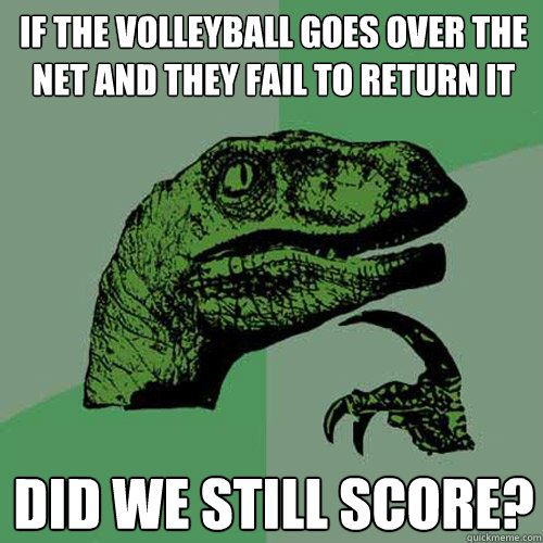 If the volleyball goes over the net and they fail to return it did we still score?  Philosoraptor