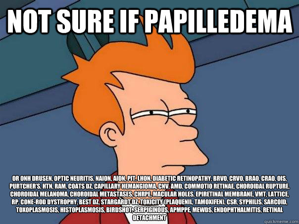 Not sure if papilledema Or ONH drusen, Optic Neuritis, NAION, AION, Pit, LHON, diabetic retinopathy, BRVO, CRVO, BRAO, CRAO, OIS, Purtcher’s, HTN, RAM, Coats Dz, Capillary hemangioma, CNV, AMD, Commotio retinae, choroidal rupture, choroidal melanoma  Futurama Fry