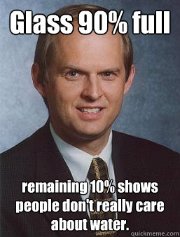 Glass 90% full remaining 10% shows people don't really care about water. - Glass 90% full remaining 10% shows people don't really care about water.  Overcoming bias guy