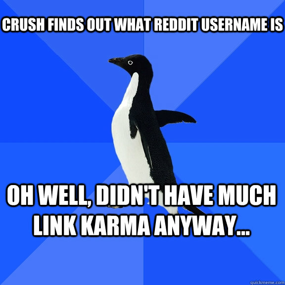 Crush finds out what Reddit username is oh well, didn't have much link karma anyway...  Socially Awkward Penguin