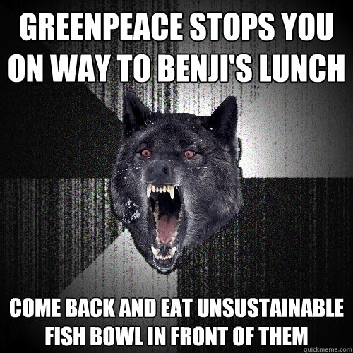 greenpeace stops you on way to benji's lunch come back and eat unsustainable fish bowl in front of them   Insanity Wolf