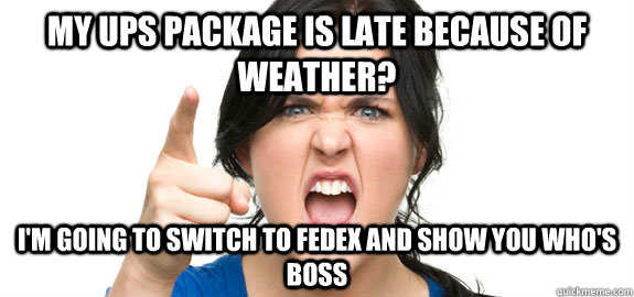 My UPS package is late because of weather? I'm going to switch to Fedex and show you who's boss  Angry Customer