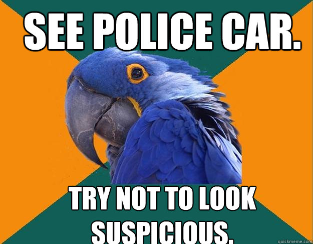 See police car. Try not to look suspicious.  Paranoid Parrot