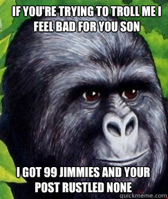 if you're trying to troll me i feel bad for you son i got 99 jimmies and your post rustled none - if you're trying to troll me i feel bad for you son i got 99 jimmies and your post rustled none  gorilla munch