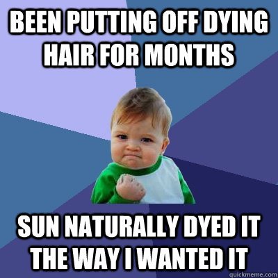 Been putting off dying hair for months Sun naturally dyed it the way I wanted it  Success Kid