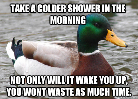 Take a colder shower in the morning Not only will it wake you up, you wont waste as much time.  Actual Advice Mallard