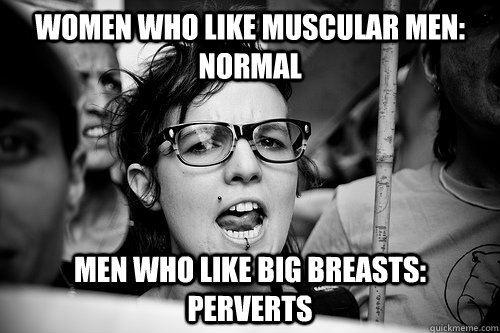 women who like muscular men: normal men who like big breasts: perverts - women who like muscular men: normal men who like big breasts: perverts  Hypocrite Feminist