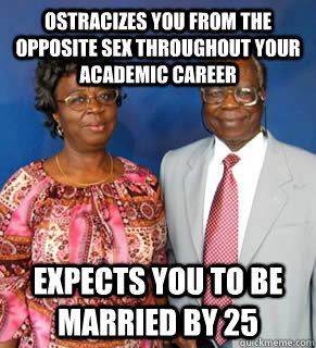 Ostracizes you from the opposite sex throughout your academic career  Expects you to be married by 25   African Parents