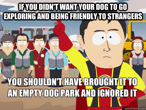 if you didn't want your dog to go exploring and being friendly to strangers you shouldn't have brought it to an empty dog park and ignored it   Captain Hindsight