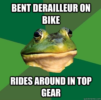 Bent derailleur on bike Rides around in top gear  Foul Bachelor Frog