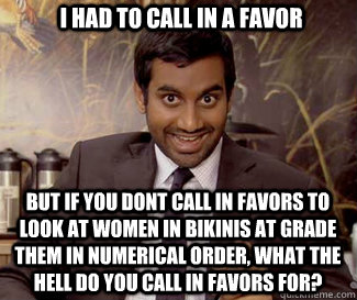I had to call in a favor But if you dont call in favors to look at women in bikinis at grade them in numerical order, what the hell do you call in favors for?  tom haverford
