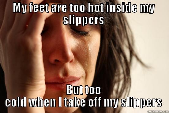 MY FEET ARE TOO HOT INSIDE MY SLIPPERS BUT TOO COLD WHEN I TAKE OFF MY SLIPPERS First World Problems