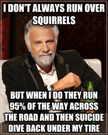 I don't always run over squirrels  but when I do they run 95% of the way across the road and then suicide dive back under my tire  The Most Interesting Man In The World
