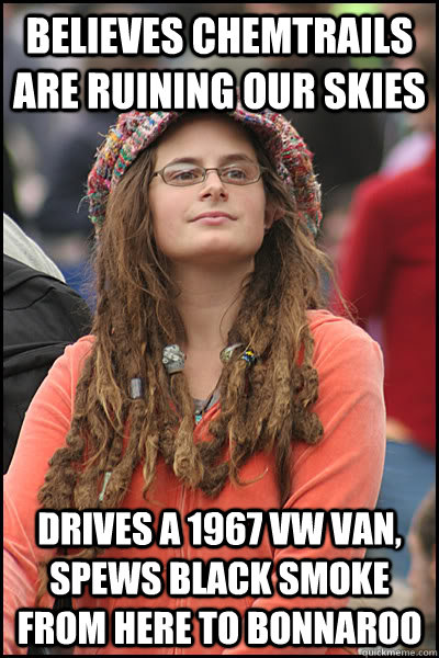 Believes Chemtrails are ruining our skies Drives a 1967 VW Van, Spews Black Smoke from here to Bonnaroo  College Liberal