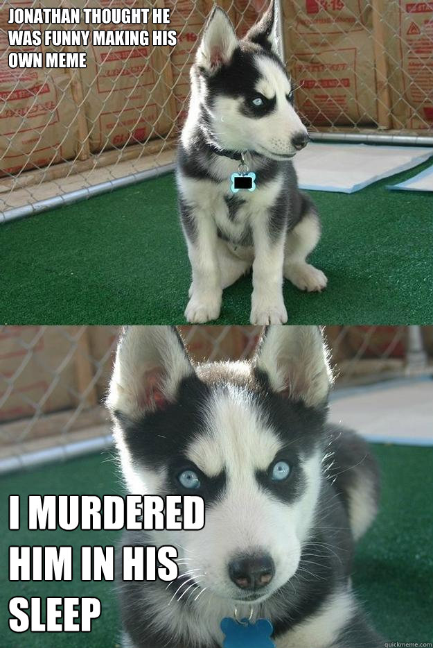 jonathan thought he was funny making his own meme i murdered him in his sleep  Insanity puppy