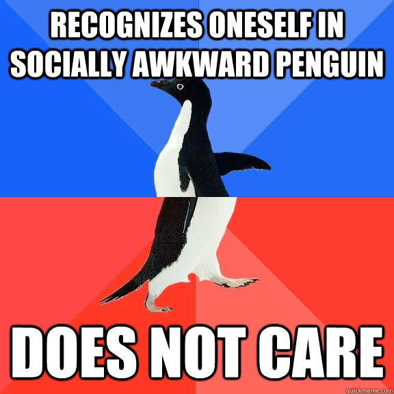 recognizes oneself in socially awkward penguin does not care  Socially Awkward Awesome Penguin