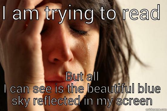I AM TRYING TO READ  BUT ALL I CAN SEE IS THE BEAUTIFUL BLUE SKY REFLECTED IN MY SCREEN First World Problems