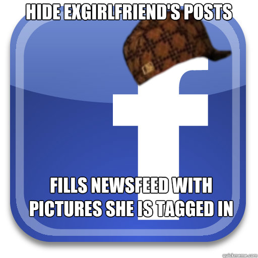 Hide exgirlfriend's posts Fills newsfeed with pictures she is tagged in  Scumbag Facebook
