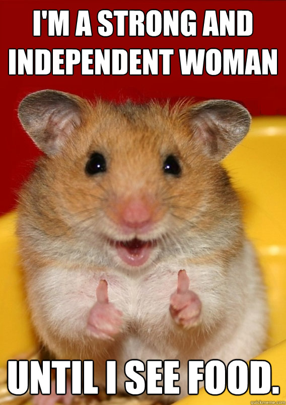 I'm a strong and independent woman Until I see food.  Rationalization Hamster