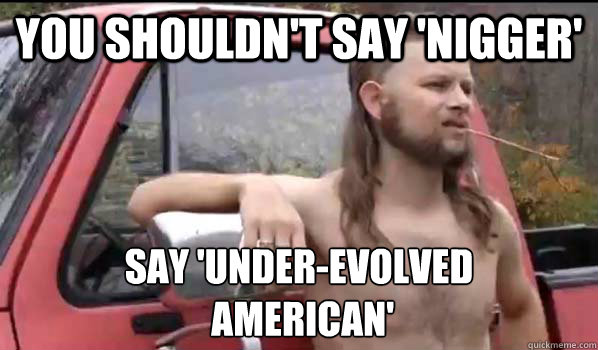 You shouldn't say 'nigger' say 'under-evolved
 american'  Almost Politically Correct Redneck