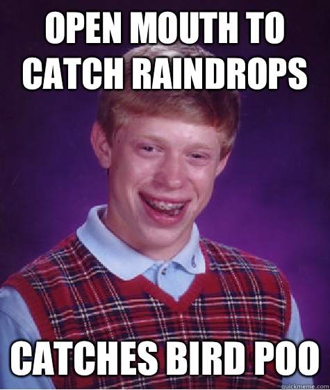 Open mouth to catch raindrops  Catches bird poo - Open mouth to catch raindrops  Catches bird poo  Bad Luck Brian