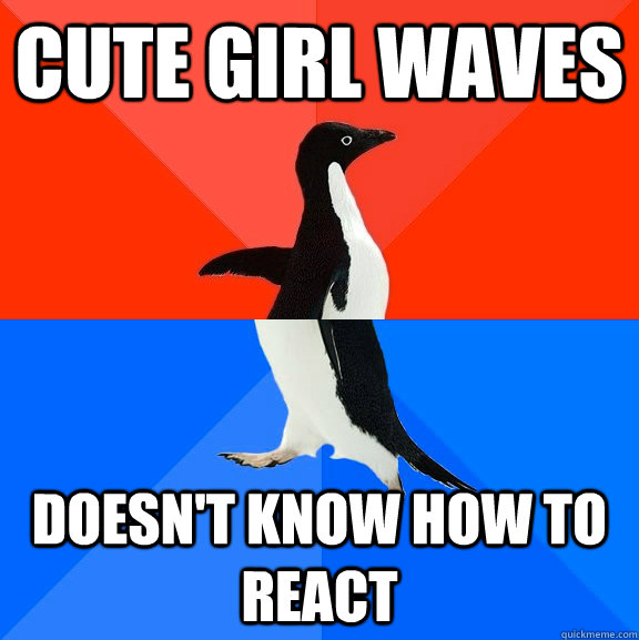 Cute girl waves doesn't know how to react  Awesome Awkward Penguin
