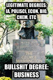 Legitimate degrees: IA, PoliSci, Econ, Bio, Chem, etc Bullshit Degree: Business  Ironic GWU