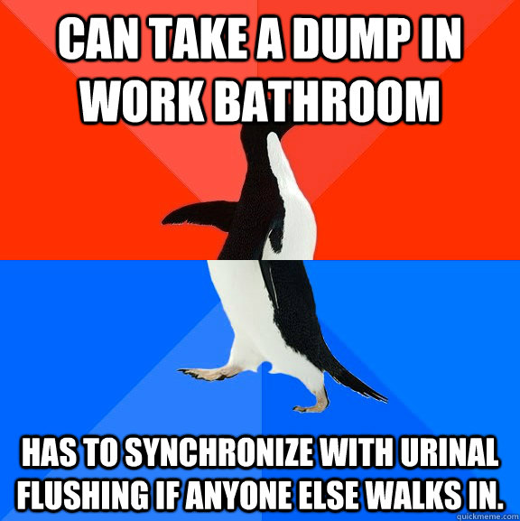 can take a dump in work bathroom has to synchronize with urinal flushing if anyone else walks in.   Socially Awesome Awkward Penguin