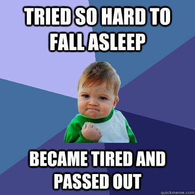 Tried so hard to fall asleep  became tired and passed out  Success Kid