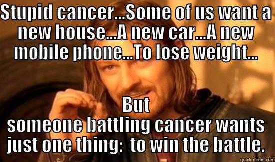 STUPID CANCER…SOME OF US WANT A NEW HOUSE…A NEW CAR…A NEW MOBILE PHONE…TO LOSE WEIGHT… BUT SOMEONE BATTLING CANCER WANTS JUST ONE THING:  TO WIN THE BATTLE. Boromir