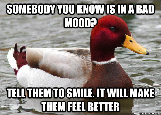 Somebody you know is in a bad mood? Tell them to smile. It will make them feel better  Malicious Advice Mallard
