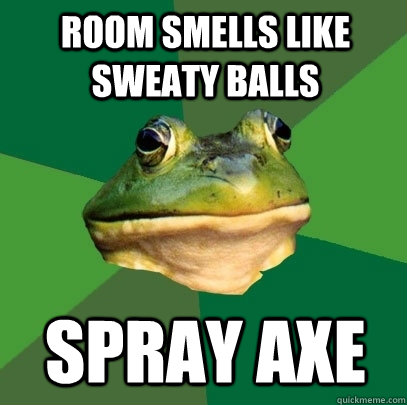 room smells like sweaty balls spray axe  Foul Bachelor Frog