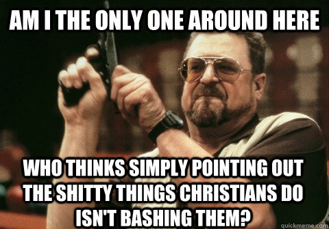 Am I the only one around here who thinks simply pointing out the shitty things christians do isn't bashing them?  Am I the only one