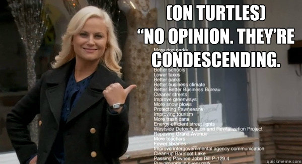 (On Turtles) 
“No opinion. They’re condescending. - (On Turtles) 
“No opinion. They’re condescending.  Leslie Knope Opinions