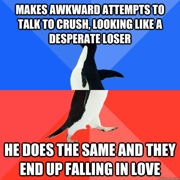 Makes awkward attempts to talk to crush, looking like a desperate loser He does the same and they end up falling in love  Socially Awkward Awesome Penguin