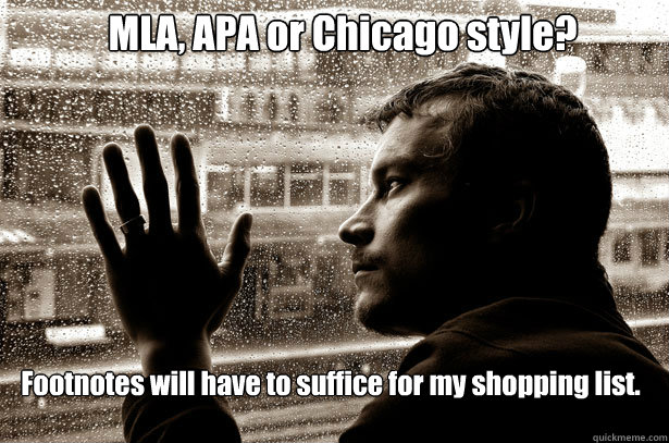 MLA, APA or Chicago style?  Footnotes will have to suffice for my shopping list.  Over-Educated Problems