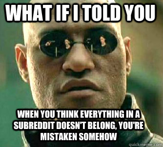 what if i told you When you think everything in a subreddit doesn't belong, you're mistaken somehow  Matrix Morpheus