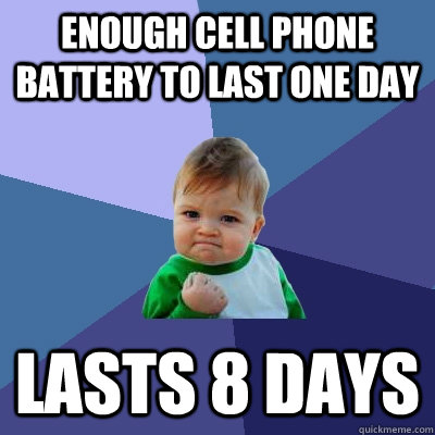 Enough cell phone battery to last one day Lasts 8 days  Success Kid