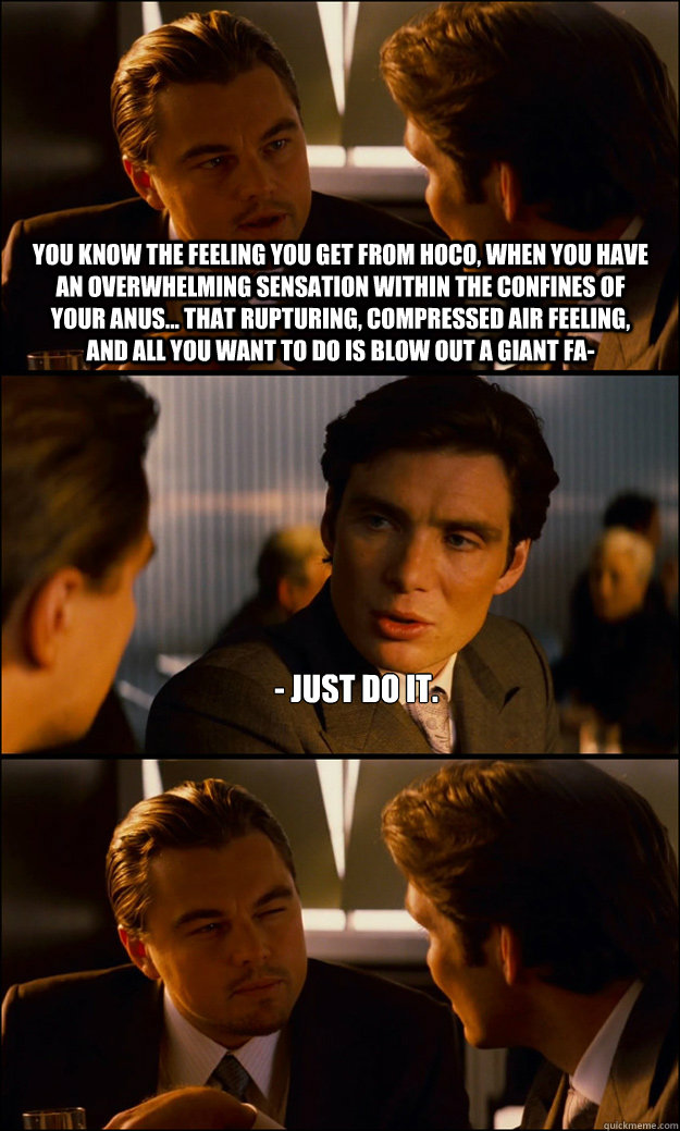 You know the feeling you get from hoco, when you have an overwhelming sensation within the confines of your anus... that rupturing, compressed air feeling, and all you want to do is blow out a giant fa- - Just do it.   Inception