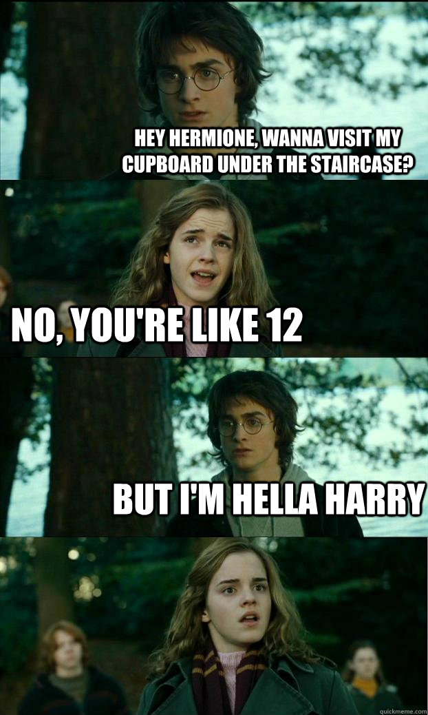 Hey Hermione, wanna visit my cupboard under the staircase? no, you're like 12 But i'm hella harry  Horny Harry