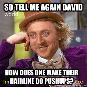 So tell me again david how does one make their hairline do pushups?  Nice Guy Willy Wonka
