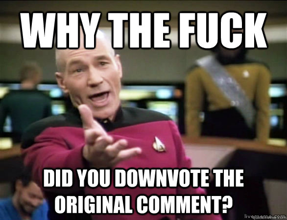 WHY THE FUCK Did you downvote the original comment?  Annoyed Picard HD