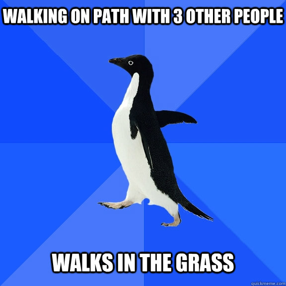 walking on path with 3 other people   walks in the grass   Socially Awkward Penguin