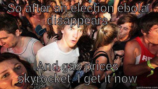 SO AFTER AN ELECTION EBOLA DISAPPEARS AND GAS PRICES SKYROCKET. I GET IT NOW Sudden Clarity Clarence